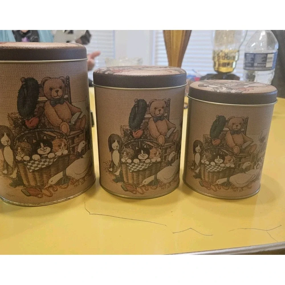 Vintage Tin Set Teddy Bear Nesting Tins Ducks Cats Dogs Lamb Animals County Farm